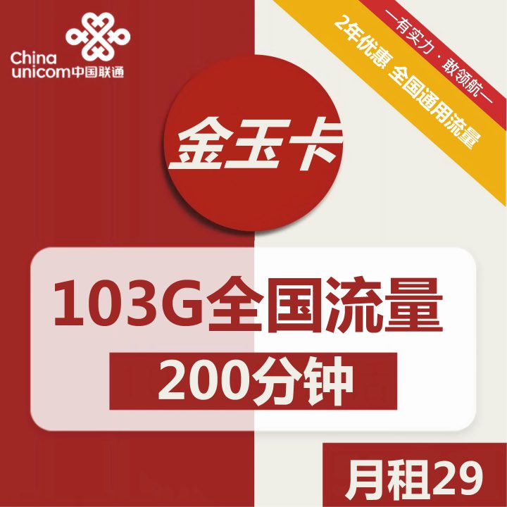 联通金玉卡 29元包103G通用流量+200分钟全国通话-1