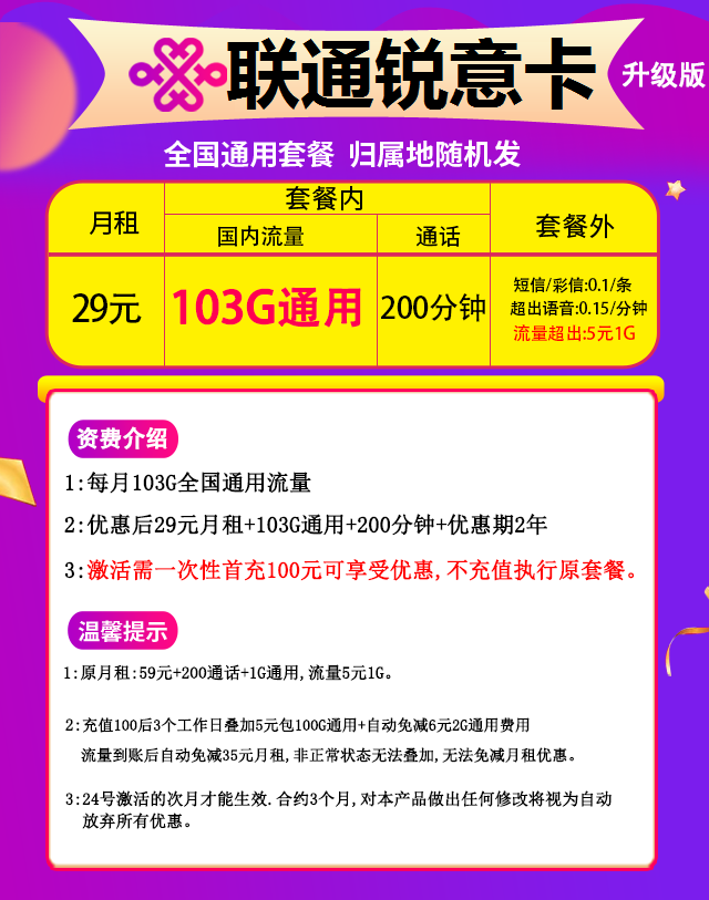 联通锐意卡 29元包103G通用流量+200分钟通话-2