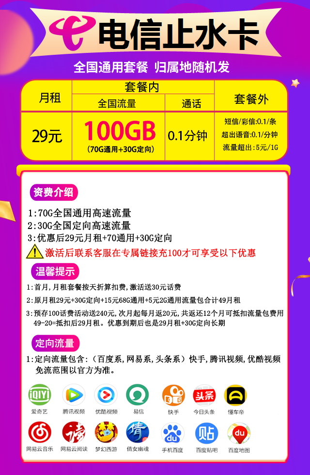 电信止水卡 29元/月包70G通用流量+30G定向流量