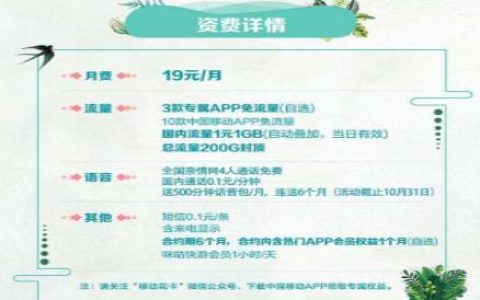 移动花卡宝藏版19元套餐详情，包含200G超多流量