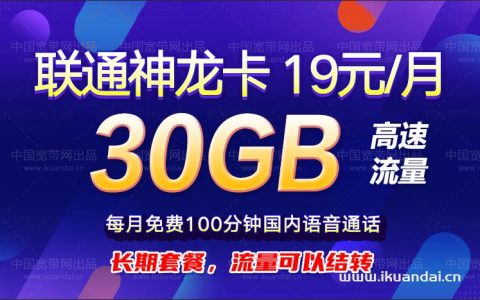 联通神龙卡月租19元/月，100分钟免费通话