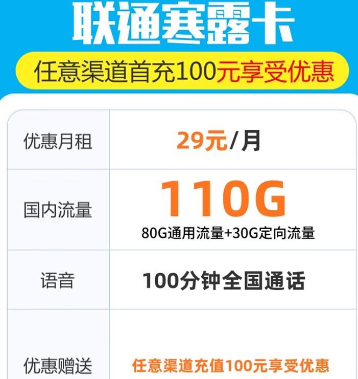 广州29元联通流量卡套餐，优惠力度大，任意渠道充值100元