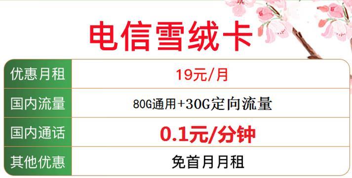 三款电信流量卡19元套餐，电信雪绒卡19元包110G全国流量+送30话费