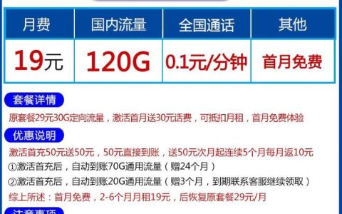 月费19元，电信冬虎卡，首月免费，流量免费