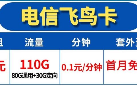 正规手机纯流量卡哪个最好，电信飞鸟卡29含80G通用+30G定向流量 首月免月租