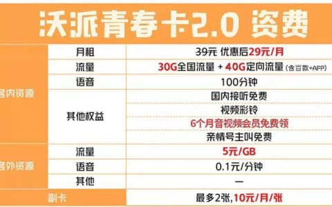 联通流量卡包括什么app，沃派青春卡 29元/月30G通用+40G定向（含百款+APP）+100分钟通话