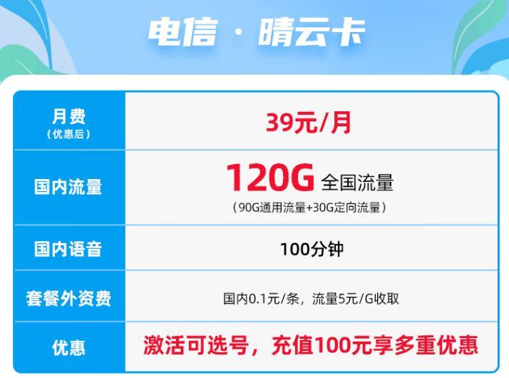 电信晴云卡39元/月，激活充值100元享多重优惠