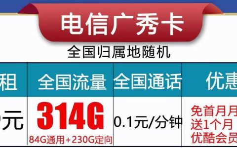 电信广秀卡，月租29元，全国流量314G，首月免月租