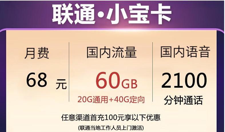 联通小宝卡月费68元，国内流量60GB和2100分钟长通话