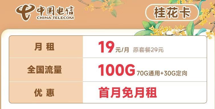 电信桂花卡19元/月包全国流量100G和100分钟通话