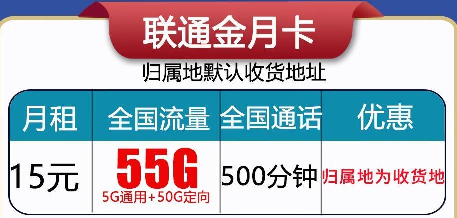 联通金月卡套餐详情介绍（15元55G全国流量+500分钟全国通话）