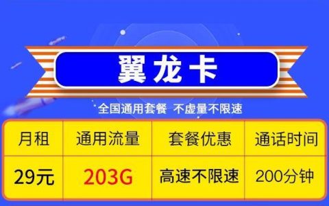 移动翼龙卡 月租29元203G流量+200分钟免费通话