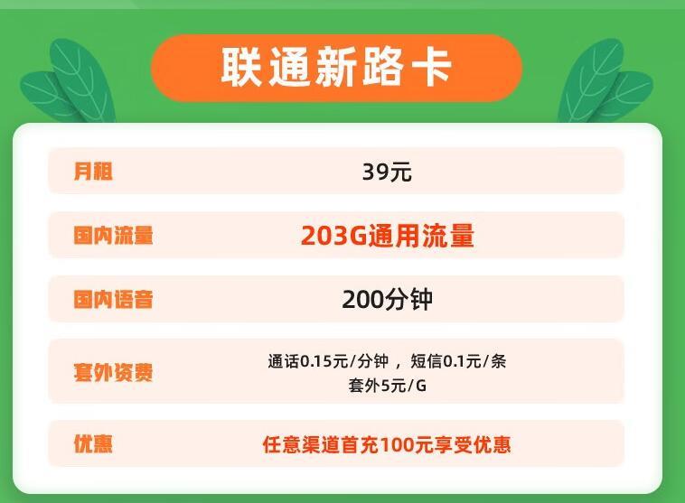39元的流量卡能用吗|联通新路卡月租39元+203G通用流量+200分钟全国通话
