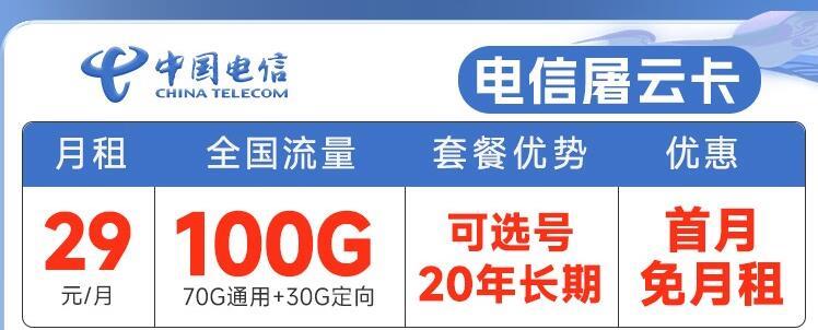 流量卡可以办理携号转网吗？电信屠云卡，29元月租100G流量+20年优惠