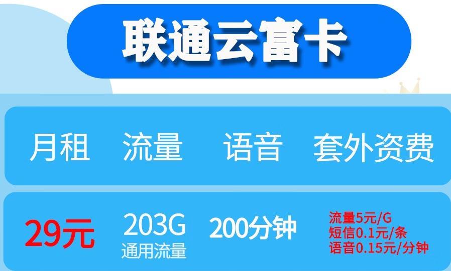 山东省内联通无限流量卡  联通云富卡-29元包203G通用流量+200分钟全国通话