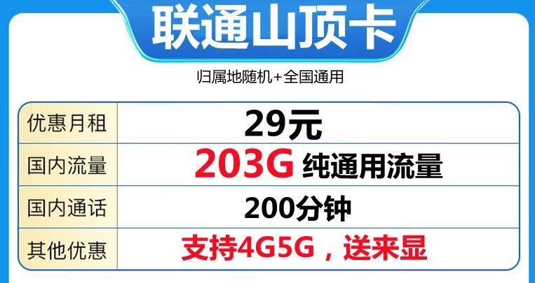 联通山顶卡月租29元包含203G流量+200分钟通话套餐