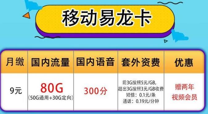 移动易龙卡，优惠期24个月，赠送2年视频会员