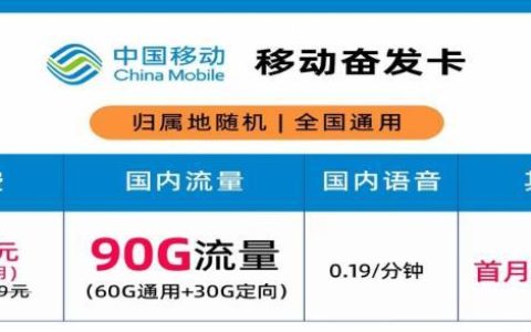 月费19元,国内语音0.19/分钟,移动奋发卡首月免月租