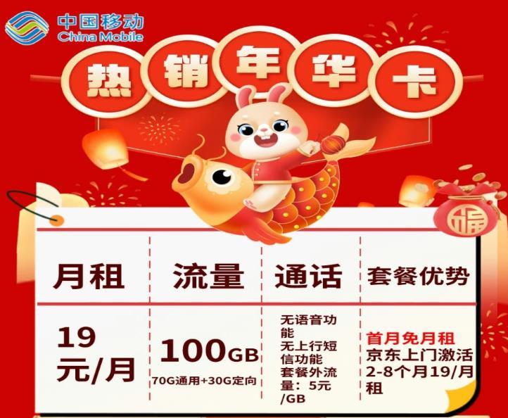 月租19元/月！移动年华卡首月免月租，京东上门激活