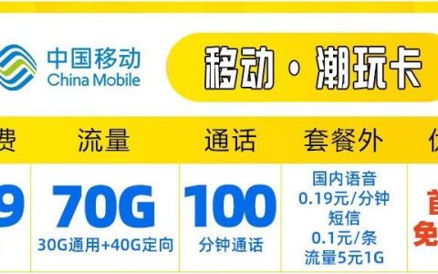 月费29元的移动潮玩卡，100分钟通话，首月免月租