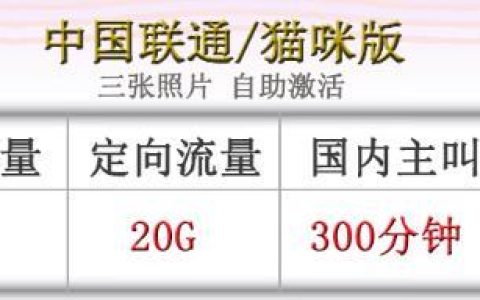 联通猫咪版 18元45G通用20G定向国内主叫300分钟