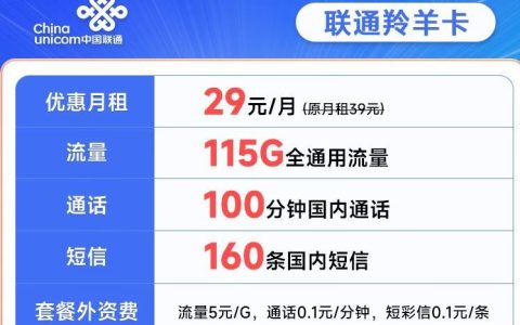 29元联通大流量卡，100分钟通话+160条短信，全国免费