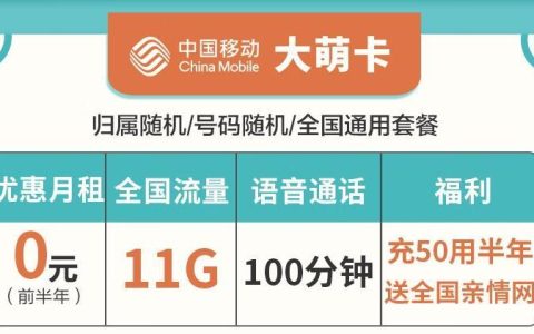 移动大萌卡-前半年0月租11G+100分钟通话
