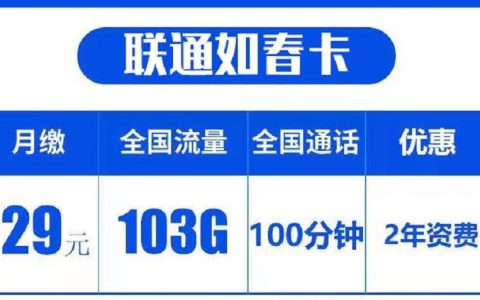联通如春卡/仙露卡月租29元，可享100分钟语音免费通话