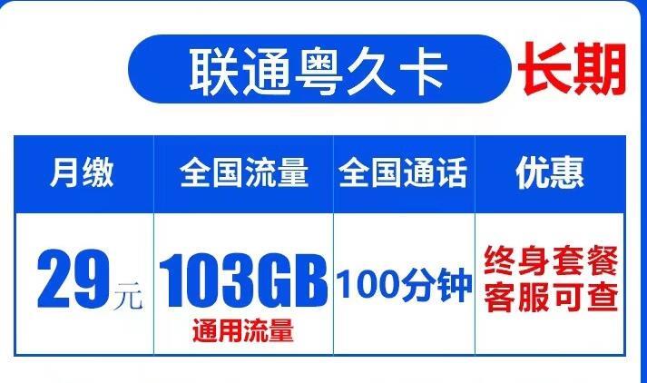 联通无敌卡，29元包103GB流量+100分钟语音免费通话