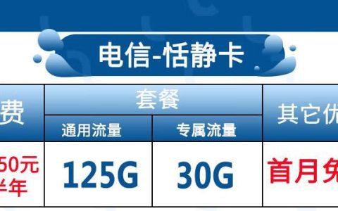充值一次用半年的流量卡你见过吗？电信恬静卡 125G通用+30G定向+首免+充50用半年