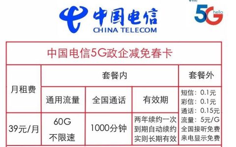 电信5G政企减免春卡|39元可享60G流量+1000分钟通话