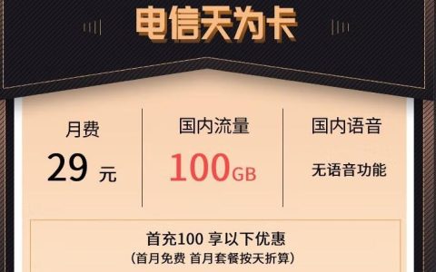 电信天为卡-29元可享100G国内流量+300分钟语音通话