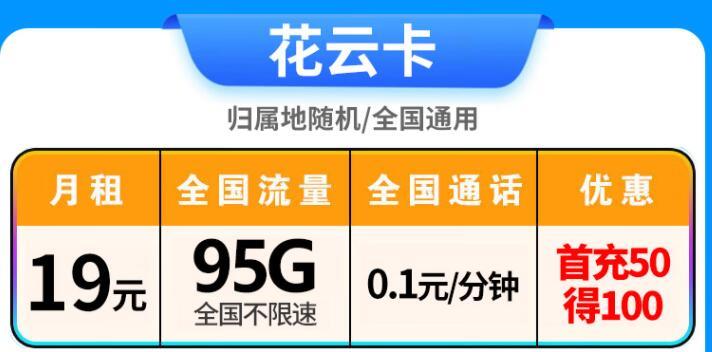 电信花云卡19元/月，不限速不限APP，30G首月免租使用