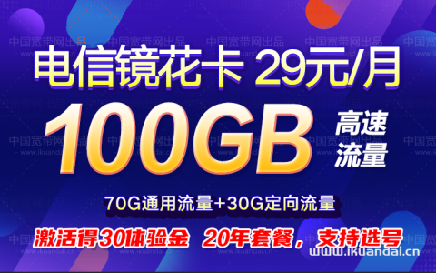 电信镜花卡套餐办理 29元/月70G全国流量+30G定向流量（20年套餐，支持选号）